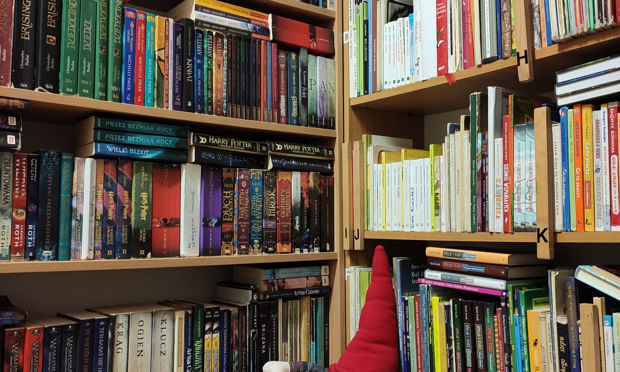 dwa regały ustawione w narożniku, wypełnione książkami, na dole na małym, okrągłym blacie siedzi krasnal, z dużą szpiczastą, czerwoną czapką, w ręce trzyma książkę z niebieską okładką