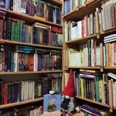 dwa regały ustawione w narożniku, wypełnione książkami, na dole na małym, okrągłym blacie siedzi krasnal, z dużą szpiczastą, czerwoną czapką, w ręce trzyma książkę z niebieską okładką