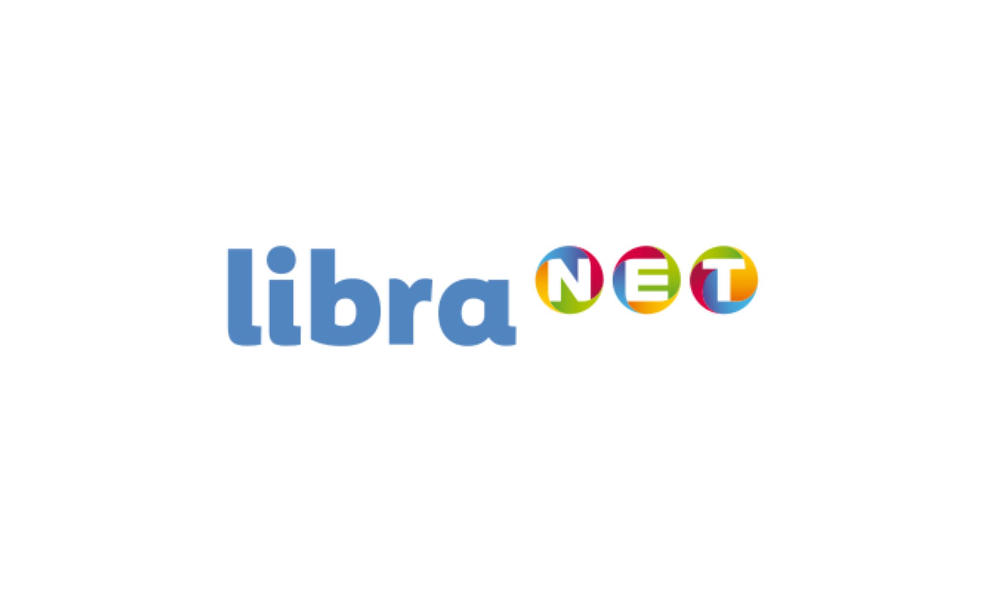 logo libra net, niebieskie litery napisu libra małymi literami, obok w kole mniejsze białe litery w różnokolorowych kołach, tworzące słowo net