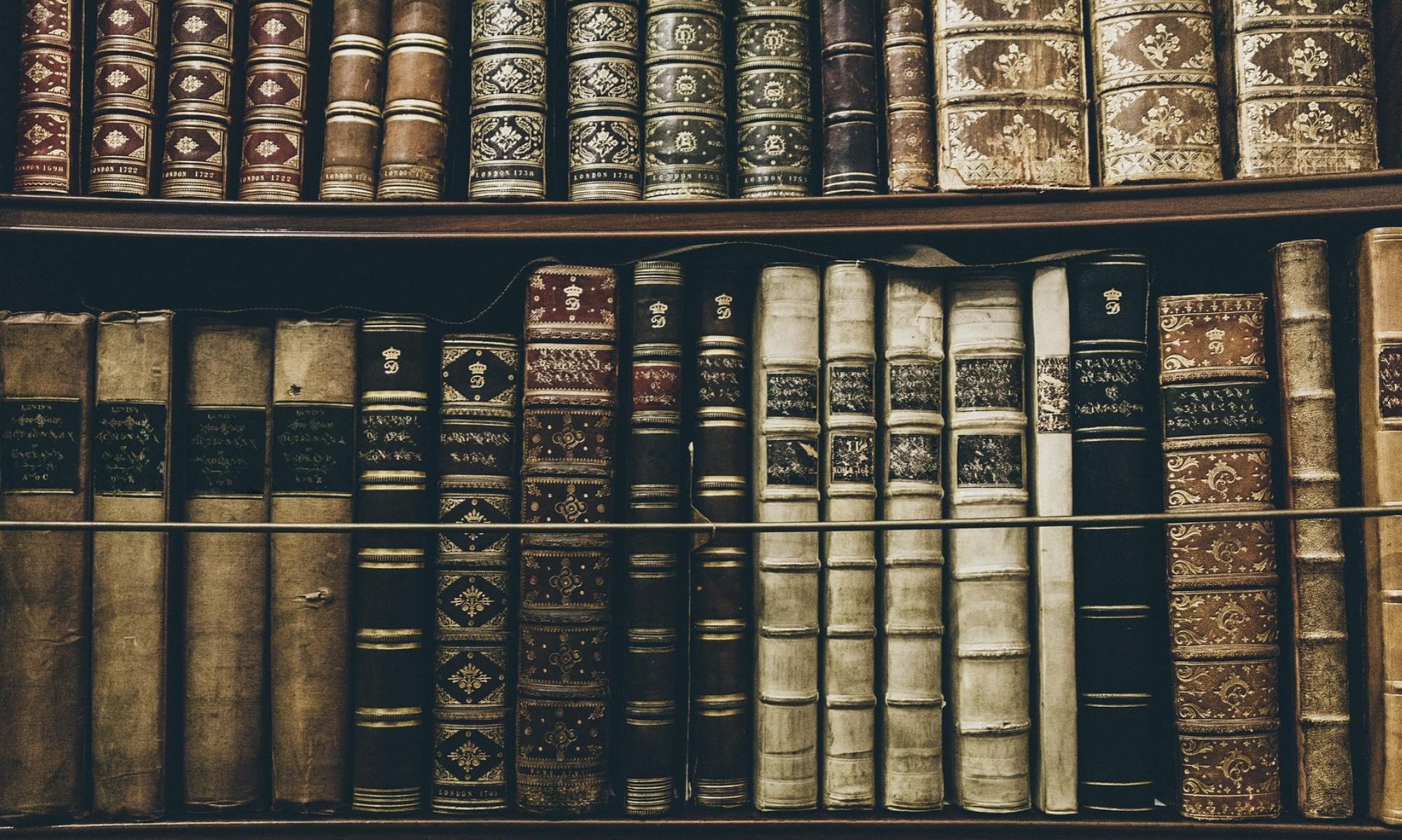 grzbiety poukładane na dwóch pólkach, w pionie, grzbiety wyglądają na stare, są zdobione głownie złotymi elementami