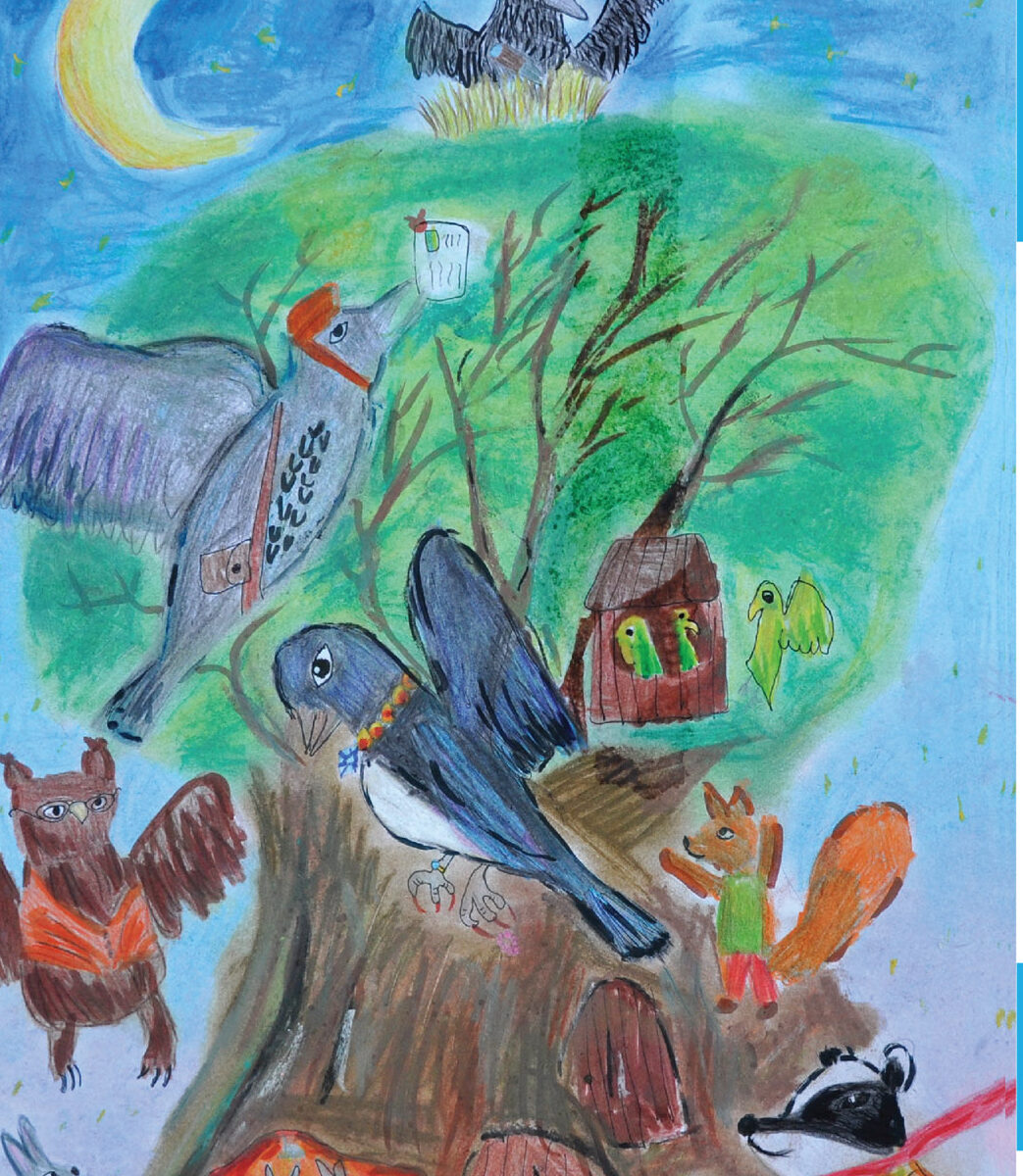 plakat po lewej malunek dziecka drzewo z ptakami,