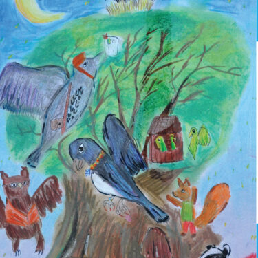 plakat po lewej malunek dziecka drzewo z ptakami,