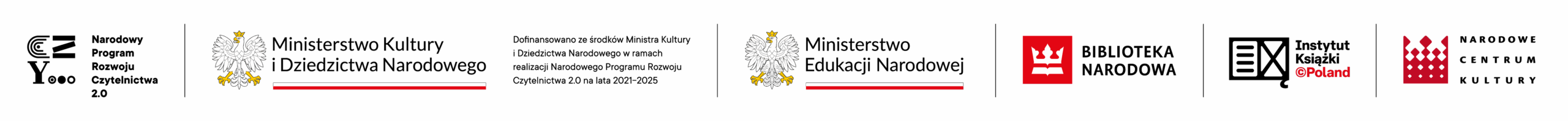 Belka z logotypami. Od lewej strony: Narodowy Program Rozwoju Czytelnictwa, Ministerstwo Kultury i Dziedzictwa Narodowego, Ministerstwo Edukacji Narodowej, Biblioteka Narodowa, Instytut Książki, Narodowe Centrum Kultury