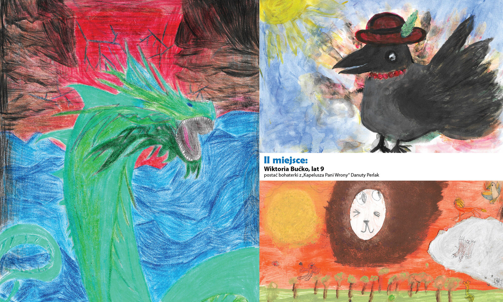 U góry zdjęcia na czerwonym tle, białymi literami jest napis: Dwudziesty czwarty gminny konkurs plastyczny rozstrzygnięty. Obok na niebieskim tle jest napis: Wręczenie nagród i wyróżnień odbędzie się w sobotę 29 listopada o godzinie dziesiątej w sali koncertowej urzędu gminy kolbudy przy ulicy Staromłyńskiej jeden. Poniżej napisów znajdują się trzy obrazki. Obrazek po lewej przedstawia zielonego węża - Lewiatana, tło obrazka jest czerwone od góry i niebieskie na dole. Pod obrazkiem widnieje podpis: Pierwsze miejsce Franciszek Naraziński, lat 12 rysunek Lewiatana z księgi Hioba. Po prawej stronie są dwa obrazki. Górny przedstawia czarną wronę w kapeluszu, w lewym rogu namalowano słońce, tło jest koloru niebieskiego. Poniżej podpisano: drugie miejsce Wiktoria Bućko, lat 9 postać bohaterki z Kapelusza Pani Wrony. Poniżej znajduje się trzeci obrazek, który przedstawia głowę Lwa. Po jej lewej stronie jest słońce, po prawej skała, a poniżej zielony las z różnymi zwierzętami. Podpis pod obrazkiem głosi: Trzecie miejsce Oliwier Kostuch, lat siedem, ilustracja do bajki Król lew