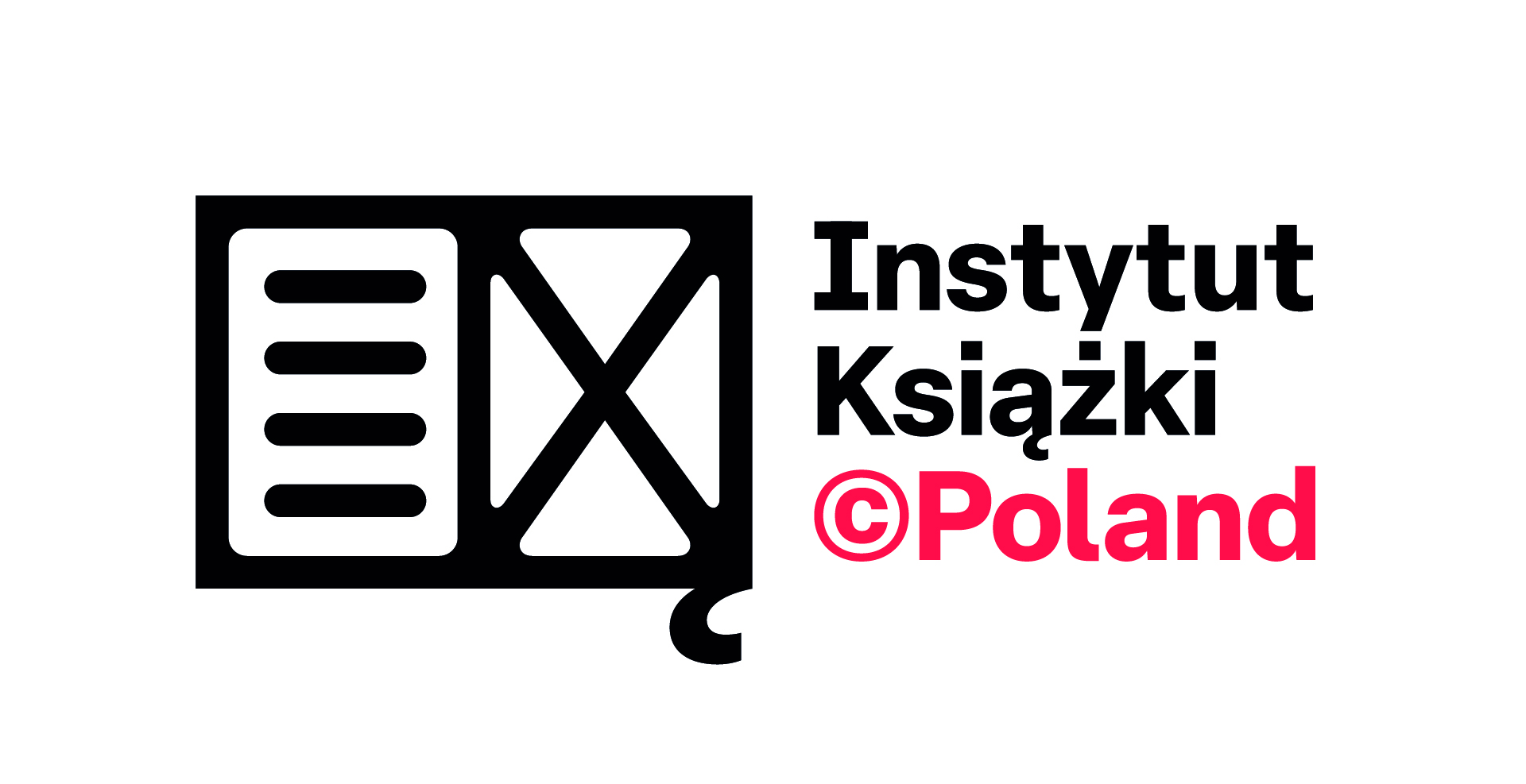 Obrazek przedstawia logotyp. Po prawej stronie znajduje się napis Instytut książki Poland. Po prawej stronie jest obrazek otwartej książki. Jej pierwszą stronę stanowi kartka z czarnymi poziomymi paskami, natomiast drugą przekreślona kartka.
