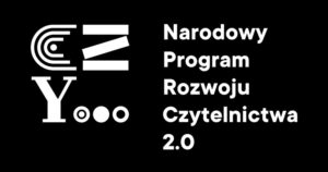czarne białe logo składające się z liter C, Z, Y i trzech kropek, obok napis Narodowy Program Rozwoju Czytelnictwa 2.0