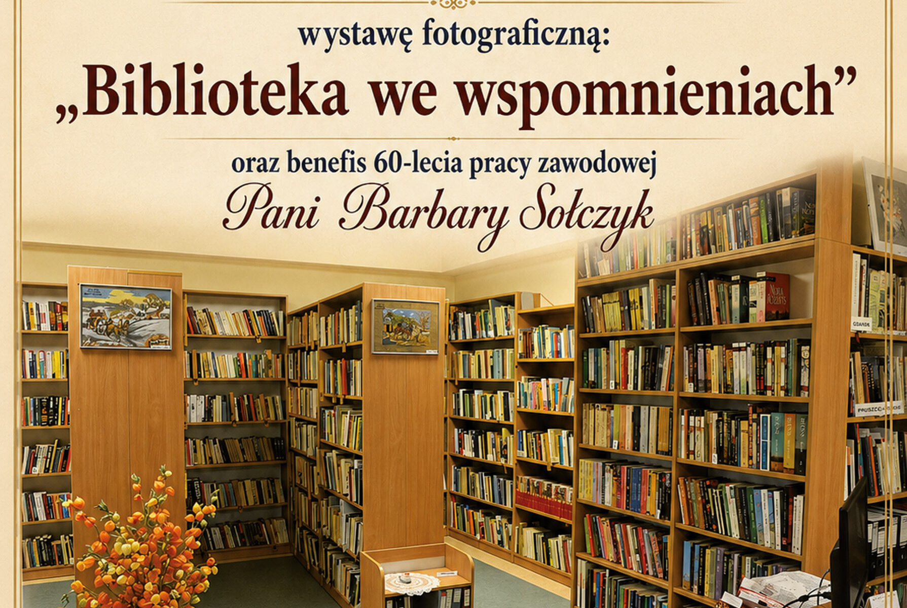 Plakat zapraszający na wystawę fotograficzną pod tytułem Biblioteka we wspomnieniach z okazji trzydziestego piątego jubileuszu gminnej biblioteki publicznej filii w Pręgowie. W dolnej połowie plakatu pokazane jest wnętrze biblioteki. Są tam regały z książkami. Pod regałami jest zamieszczona informacja, że wydarzenie odbędzie się dziewiętnastego czerwca dwa tysiące dwudziestego szóstego roku w piątek, o godzinie siedemnastej trzydzieści w Pręgowie, a rozpoczęcie będzie miało miejsce w Szkole Podstawowej na holu pierwszego piętra
